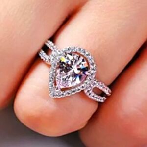 Clear White Pear Cut & Baguette Diamond Ring on 925 Sterling Silver